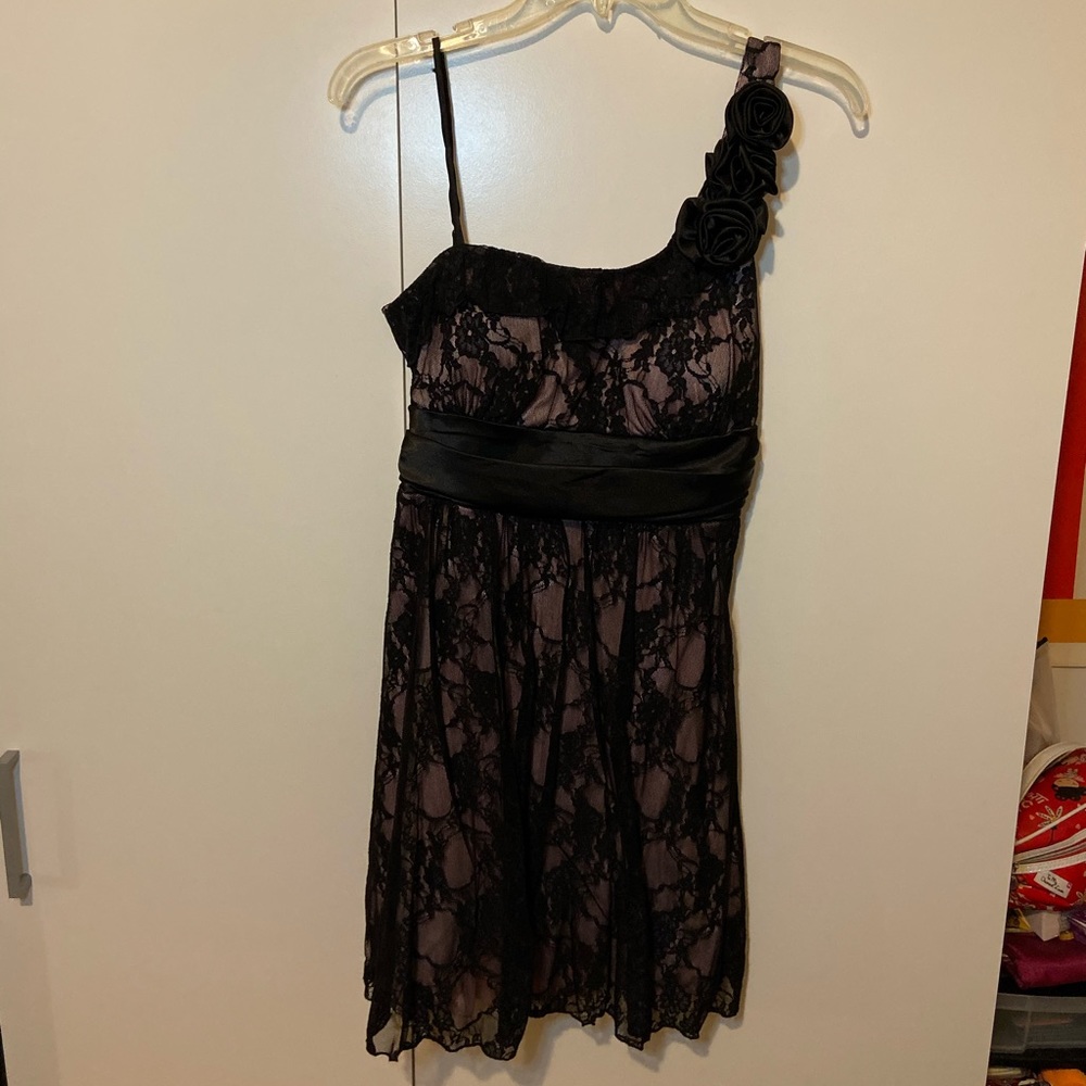 Baby Pink and Floral Lace One Shoulder Dress